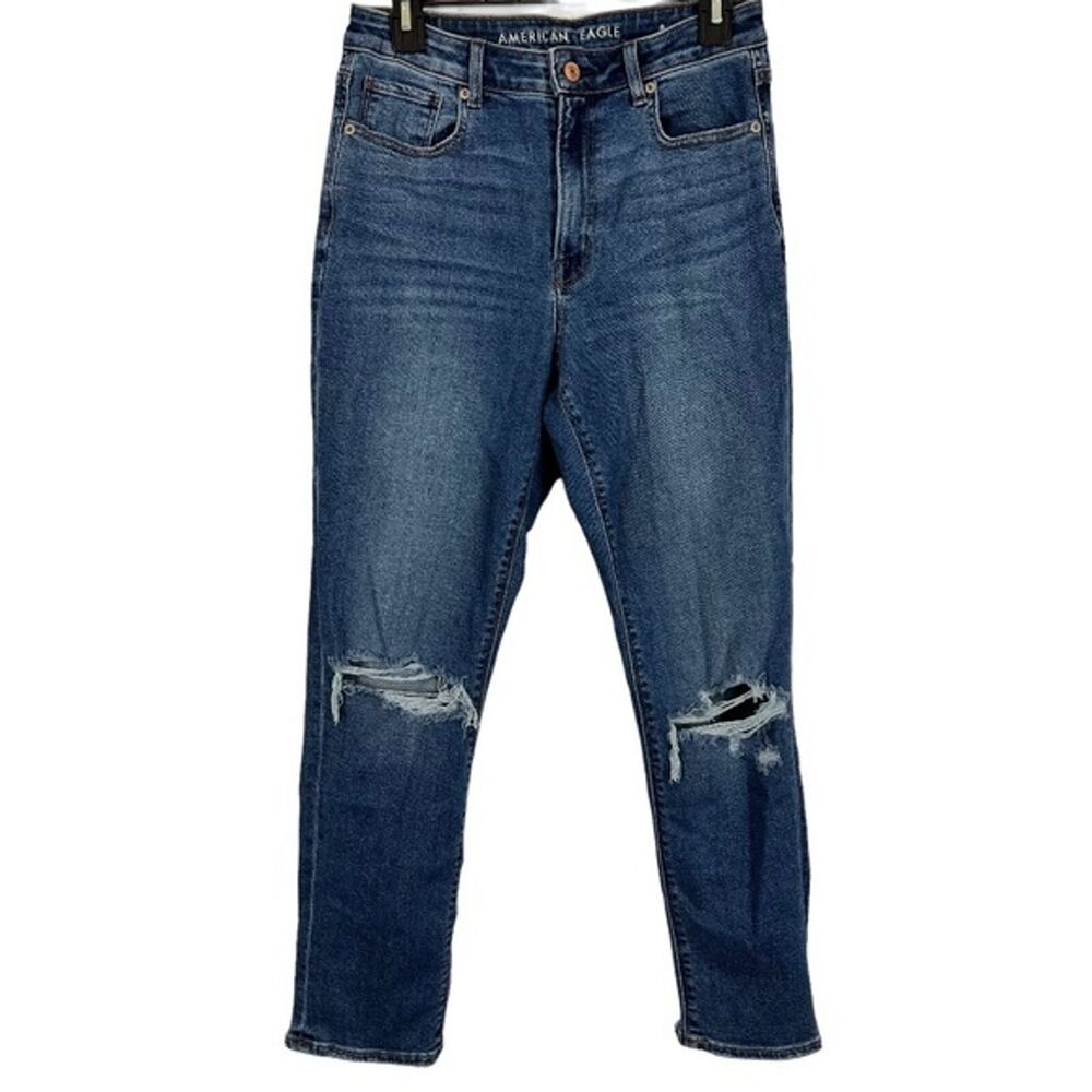 American Eagle Mom Jeans Women's Distressed Stretch High Rise Blue Denim sz 6